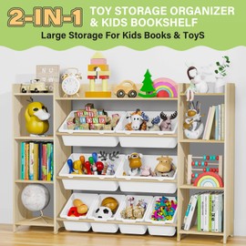 Kinembold Kids Toy Organizer with Bookshelf, 4-Tier Toy Organizers W/8 Removable Storage Bins, Solid Wood Kids Bookshelf and Toy Storage for Study Room, Kids Room, Classroom, Nursery