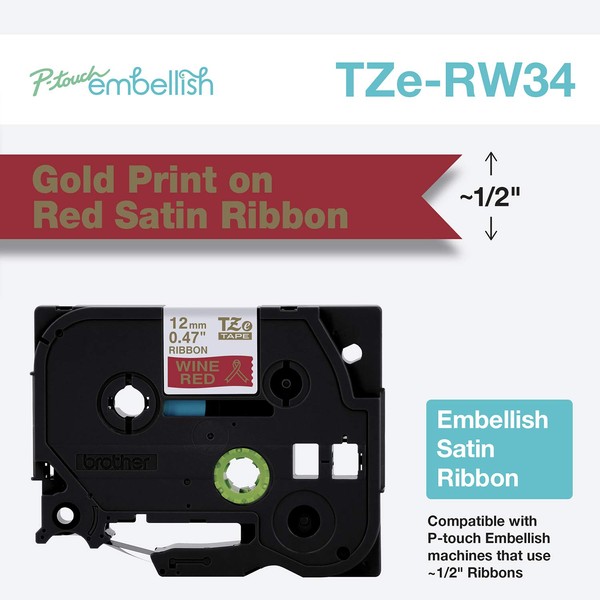 Brother P-touch Embellish Gold Print on Red Satin Ribbon TZERW34