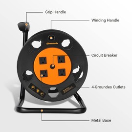 DEWENWILS Extension Cord Storage Reel, Heavy Duty Open Cord Reel with 4-Grounded Outlets, 12/3,14/3,16/3 Gauge Power Cord Reel, Hand Wind Retractable, 15A Circuit Breaker, Orange