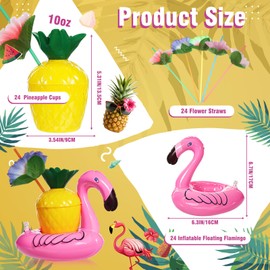 Hushee 24 Pack Pineapple Cups with 24 Flower Straws and 24 Inflatable Floating Flamingo Drink Holders Plastic Pineapple Cup Flamingo Coaster for Hawaiian Luau Summer Beach Birthday Party Favor Supply