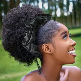 Adjustable Satin Scrunchies for Black Women – Adjustable Large Hair Tie for Afro Puff, Oversized Drawstring Ponytail Holder for Thick Curly Natural Hair, Jumbo XL Puff Cuff Hair Accessories(3PCS,A)
