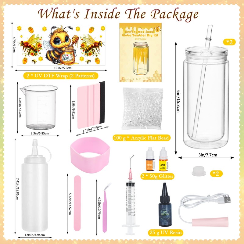 2 Pack 16 Oz Bee Themed Acrylic Snow Globe Tumbler