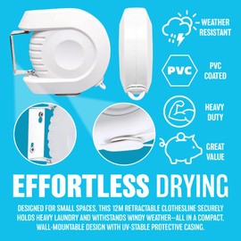BARGAINS-GALORE 12 Metre Clothes Reel Line - Pvc Coated Dryer Washing Outdoor + Fixings Metre | Durable, Compact & Long Lasting | With Uv Stable Protective Casing