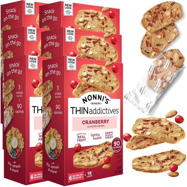 Nonni's THINaddictives Almond Thin Cookies - 6 Boxes Cranberry Almond Biscotti Cookie Thins - Almond Cookie - Sweet Crunchy & Chewy - Biscotti Individually Wrapped Cookie - Kosher Coffee Cookie 4.4 Ounces