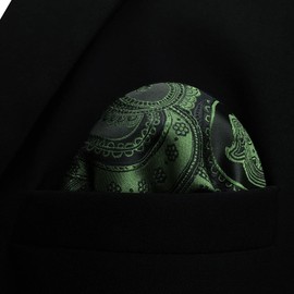 SHLAX&WING Mens Pocket Sqaure Hanky Dark Green Paisley Large 12.6 inches Silk