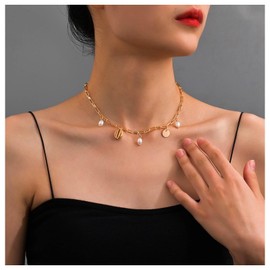 Cimenexe Bohemian Shell Pearl Necklace Gold Cowrie Shell Pendant Necklace Pearl Coin Choker Necklace Disc Paper Clip Link Chain Necklace Jewellery for Women and Girls