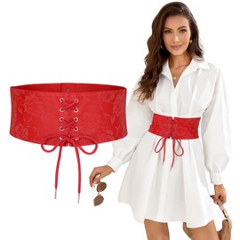 SUOSDEY Corset Belt for Women, Lace Wide Waist Belt for Dress Cinch Belt red