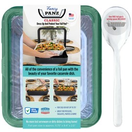 Fancy Panz Classic, Food Serving Tray, Made in the USA Foil Pan Carrier, Stackable Aluminum Pan Holders with Clear Lid, Travel Casserole Carrier With 1 Disposable Foil Pan & Serving Spoon, Green