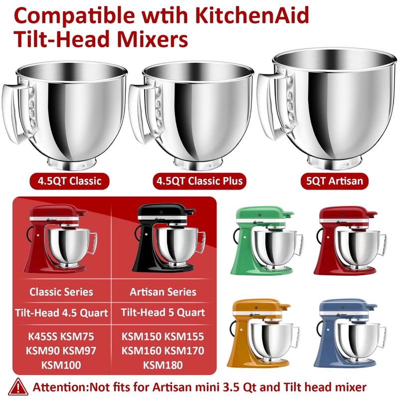 5QT Stainless Steel Mixer Bowl Compatible with KitchenAid Bowls for