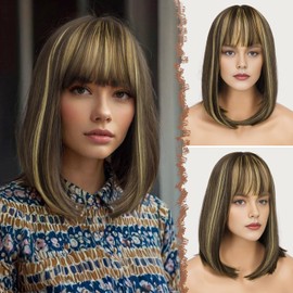 FESHFEN Short Bob Brown Mixed Blonde Wigs with Fringe for Women Medium Length Synthetic Wigs Straight Hair Wigs for Women 35 cm