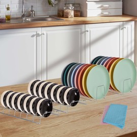 DIYJEP 4 Pack Dish Drainer Dish with 2 Pack Absorbent Cloths Set, Stainless Steel Plate Organiser for Cupboard, 8 Slots Large Volume Plate Holder Vertical for Pot Lid Plates Cutting Boards