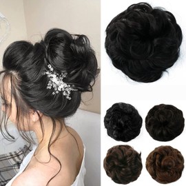 JJstar Messy Hair Bun Curly Wavy Hair Scrunchies Accessories Pieces for Women Girls Synthetic Hair Chignons (Off Black)