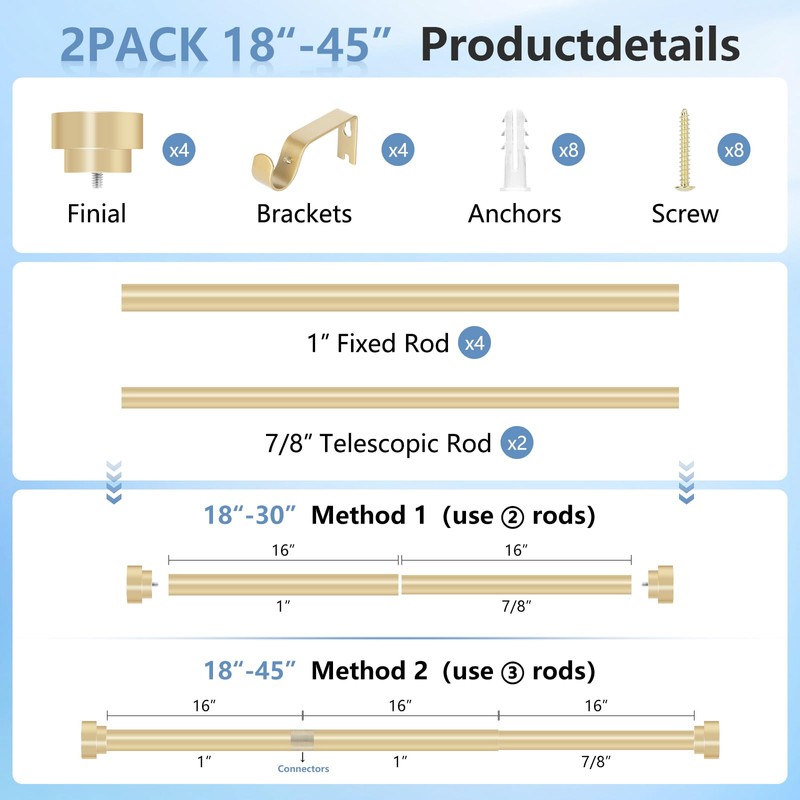 2 Pack Gold Curtain Rods for Windows 30 to 42