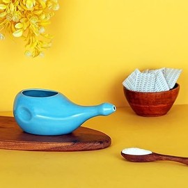 Ancient impex Ceramic Neti Pot Without Handle for Nasal Cleansing with 5 Sachets Neti Salt, Sky Blue Color, Holds 300 Ml (10.14 Fl Oz) Capacity
