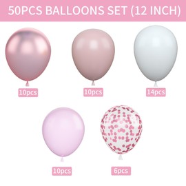 Pink and White Balloons, 12 Inch Pink White Metallic Chrome Pink Confetti Pink Latex Balloons with Ribbon Pink White Party Balloons Set for Girls Baby Shower Birthday Princess Party Decorations