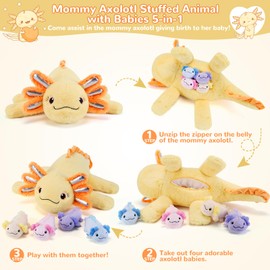 gnomantic 5 Pieces Axolotl Stuffed Animals with Babies Inside Belly - 1 Mommy Stuffed Axolotl with 4 babies - Yellow Axolotls Plush Toy for Kid Age 3-8, Gift Ideal for Christmas, Valentine's, Birthday