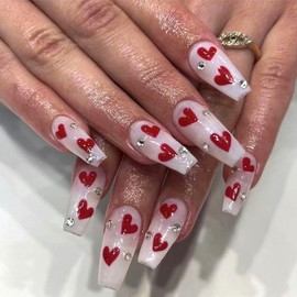 Valentines Day Press on Nails Medium Length Coffin Fake Nails with Heart Designs Valentine'S Day Glue on Nails White Full Cover Acrylic False Nails Coffin Nails for Women 24 Pcs