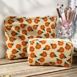 SOIDRAM 2 Pieces Flower Makeup Bag Large Corduroy Cosmetic Bag Capacity Canvas Mix Travel Toiletry Bag Organizer Cute Makeup Brushes Aesthetic Accessories Storage Bag for Women, Flower Mix Orange