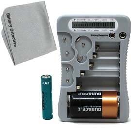 Battery Detective 12 Type Battery Tester (Grey) with LCD Display, AAA Battery & Cloth, for Household Batteries AA AAA C D 9V CR2032 CR123A N/LR1 CR2 CR-V3 2CR5 CR-P2 1.5V/3V Button Cell Batteries
