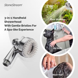 StoneStream Handheld Shower Head with Soft Comb for Foaming and Pampering Pets | High Pressure Showerhead with 3 Sprayer Setting, Built-in Bristles for a soothing grooming Routine for Dogs, Cats