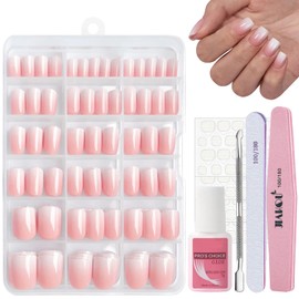DMQ French Ombre Press On Nails Kit, 240Pcs Square Pink Gradient False Nails, Short French Fake Nails Pink Tips, Glossy Full Cover Stick On Glue On Nails for Women Girls Nail Art DIY