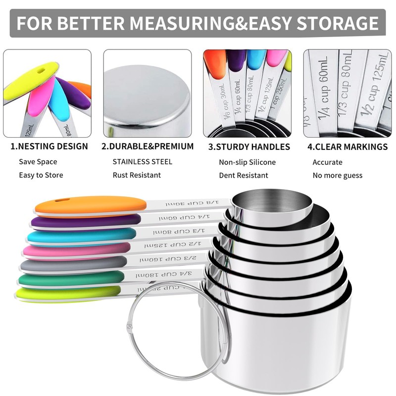 TILUCK Measuring Cups and Spoons Set, Stainless Steel, Kitchen Utensils