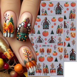 2 Sheets Fall Nail Stickers for Nail Art 5D Self-Adhesive Embossed Pumpkin Nail Art Stickers Fall Leaves Small Flower Turkey Thanksgiving Nail Decals Autumn Nail Design Sticker for Women DIY Manicure