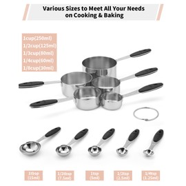 Joyhill Stainless Steel Measuring Cups and Spoons Set of 10 Piece, Nesting Metal Measuring Cups Set with Soft Touch Silicone Handles for Dry and Liquid Ingredients, Cooking & Baking (Black)