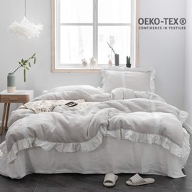 Simple&Opulence 100% Linen Frill Floral Flax Queen Size Duvet Cover Set(88''x92''), Shabby Chic Ruffle Edge with Lace Insert Decoration, 3 Piece Farmhouse Bedding 1 Comforter Cover and 2 Pillowshams, Floral Grey