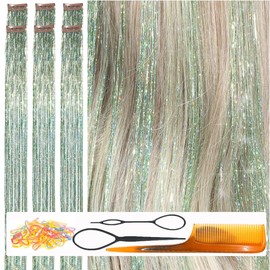 CelineBella Clip In Hair Tinsel Green Tinsel Hair Extensions 80 Strands/Pcs Very Cute for Kids Girls Cosplay Party Christmas (Light Green, 24 Inch Pack of 6Pcs)