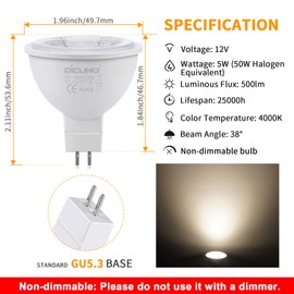 DiCUNO MR16 LED Bulb 4000K Natural White 5W (50W Halogen Equivalent), Non-dimmable, 12V MR16 Spotlight Bulbs GU5.3 Bi-Pin Base, 38 Degree Beam Angle, 500LM for Landscape, Track Lighting, 6 Pack