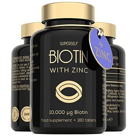 High Strength Biotin Tablets with Zinc - 10000mcg Biotin Tablets for Hair Nails & Skin - 6 Months Supply 180 Capsules 10 000mcg - UK Made & Vegan - Natural Supplement B7 Vitamins for Men and Women