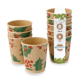 BIOZOYG Pack of 25 Brown Ripple Cups / Coffee Cups Paper Cups Winter Motif 'Branches' 200 ml / 8 oz - Environmentally Friendly Recyclable & Unbleached - Coffee Cups to Go