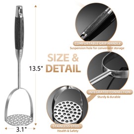 Potato Masher Stainless Steel,Wooden handle Potatoes Smasher, Manual Mashed Potato Masher Kitchen Tool for Avocado,Potatoes, Vegetables, 13.5Inch Long handle Large Heavy Duty Metal Mashing Utensil