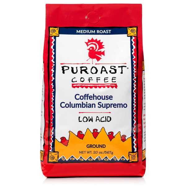 Puroast Low Acid Coffee Ground, Coffeehouse Colombian Supremo, Medium Roast, Certified Low Acid Coffee, pH 5.5+, Gut Health, 20 oz., Higher Antioxidant, Smooth for Espresso, Iced Coffee