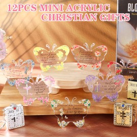 Feifeiya 12 Pcs Mini Acrylic Christian Gifts for Women Floral Religious Gifts Acrylic Inspirational Bible Verse Desk Decor Scripture Gifts God Faith Keepsake Paperweight for Church(Butterfly)
