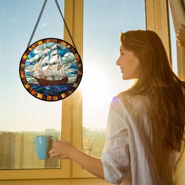 DASTOLL Stained Glass Window Hanging, Sailing Ocean Sun Catchers Glass Panel Navigation Suncatcher Decor for Birthday for Women, Men, Wife, Aunt, and Mom 7.8 in