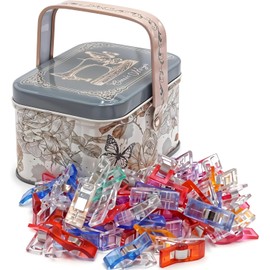 Performore Magik Clips - Paquete de 100 clips de costura multicolores para colchas y manualidades, incluye lata decorativa de mariposa para guardarlos Ideal para costura precisa, sujeción de telas y