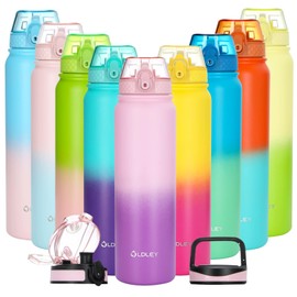 OLDLEY Insulated Water Bottle with Straw 32oz Stainless Steel Water Bottles with 3 lids Double-Wall Vacuum Thermal for Kids Adults School Sports,Ombre Pink-Purple
