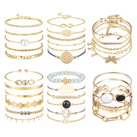 LOLIAS 32 Pieces Boho Bracelet Women's Gold Multilayer Stackable Open Cuff Wrap Silver Bracelets Adjustable Fashion Paper Clip Cuban Bracelet Set Jewellery for Girls Gift, Stainless Steel