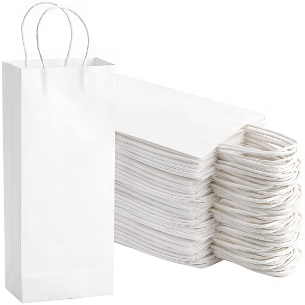 WUWEOT 50 Pack Wine Bags, Kraft Paper Bags Bluk, White Gift Bags Shopping Bags Party Bags, Recyclable Retails Bags Wrapping Bags with Handle, 5.4" x 3.3" x 13"