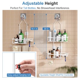 Joqixon Shower Caddy, Upgraded Extended Length Shower Caddy Over Showerhead No Blocking to Shower Head, Rustproof Shower Organizer with Hooks Shampoo Soap Holder, Bathroom Large Hanging Shower Caddy