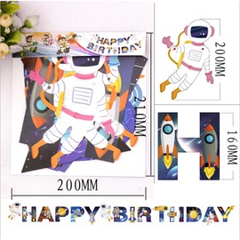 Astronaut Rocket Themed Happy Birthday Banner - White Happy Birthday Decorations Birthday Sign for Party Backdrop Decor, White Birthday Sign Supplies for Girls Boys and Women Party Hanging