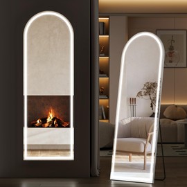 Sweetcrispy Arched Full Length Mirror with LED Lights, 61"x17" Lighted Floor Mirror with Dimming & 3 Color Lighting, Stand for Bedroom, Dressing Room