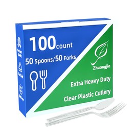 100 Pcs Clear Plastic Silverware Extra Heavy Duty, 50 Forks + 50 Spoons, Disposable Plastic Utensils Set Plastic Cutlery Set BPA-Free Heat Resistant Plasticware Silverware for Everyday Party
