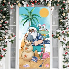 Sunwer Tropical Christmas Door Cover Summer July Beach Hawaiian Themed Party Decoration Santa Palm Tree Door Banner for Home Office Garage Door Decor