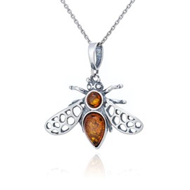 AMBEDORA Women's Bee 2 Necklace with Amber, Oxidised Sterling Silver, Baltic Amber in Cognac Colour, Silver Pendant with Chain