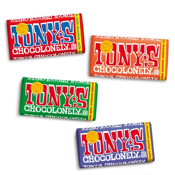 Tony's Chocolonely Milk Chocolate Assortment - Milk Chocolate Hazelnut, Dark Milk Chocolate Pretzel & Toffee, Milk Chocolate Caramel Sea Salt, Milk Chocolate Bars, No Artificial Flavoring - 4 Bars