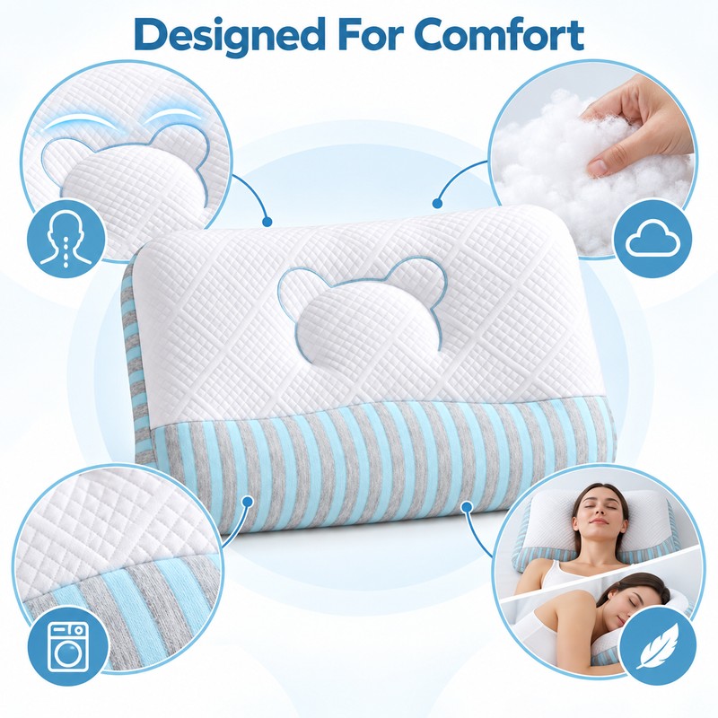 Contoured Bed Pillow for Neck Support – Washable Microfiber-Filled Pillow