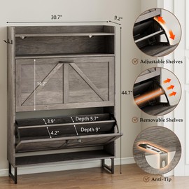 BORNOON Shoe Cabinet with 2 Flip Drawers Narrow Shoe Storage Cabinet Organizer Wooden Freestanding Shoe Rack Hidden Slim Shoes Storage Cabinet for Entryway, Hallway, Living Room, Bedroom (Grey)